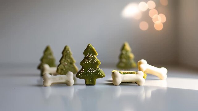 row of green Christmas tree-shaped and white bones dog treats on a minimalist white surface with soft, warm bokeh lights in the background