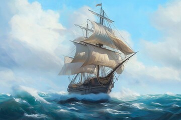 Sailing ship on the open ocean with billowing sails