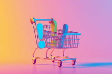 Exclamation marks inside shopping cart, banner, poster, social media post mockup. Black Friday, discount message, giveaway, big sale, Cyber Monday. Warning sign, alert, error, alarm, danger symbol
