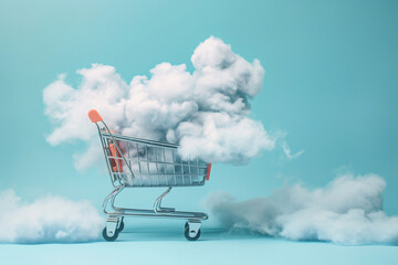 Shopping cart with cloud in it. Online shopping and digital marketing, big online sale concept. Black Friday and promo, sale discounts. Background with copyspace. Minimalist creative design