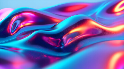 A vibrant, abstract representation of fluid shapes with colorful reflections and highlights.