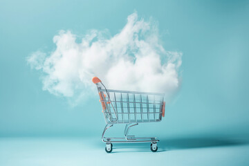 Shopping cart with cloud in it. Online shopping and digital marketing, big online sale concept. Black Friday and promo, sale discounts. Background with copyspace. Minimalist creative design