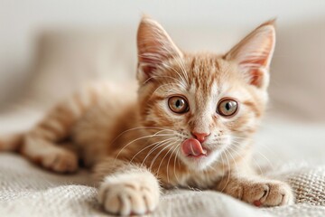 Portrait of a small red kitten on the floor washing its paws, licking itself, showing its tongue