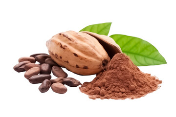 Cocoa pod, beans and powder isolated on transparent background. 

