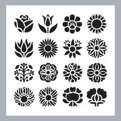Set of logotype icons flowers Rose, Tulip, Orchid, Sunflower, Lily, Daisy, Daffodil, Jasmine, Lavender, Marigold, Peony, Chrysanthemum, Hibiscus, Poppy, Violet silhouettes in white background