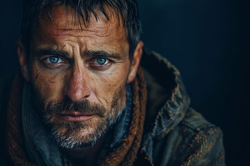 Fototapeta premium Portrait of a man with a serious expression on his face, set against a minimalist background, showcasing a sense of depth and intensity. His eyes are piercing, conveying deep contemplation, while his 