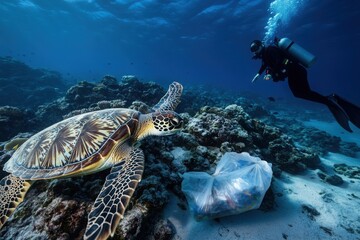Obraz premium Sea Turtle and Diver Near Ocean Plastic Waste 
