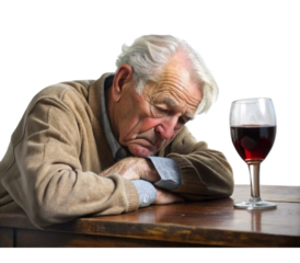 Senior man falling asleep at table with glass of wine