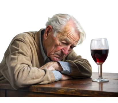 Senior man falling asleep at table with glass of wine
