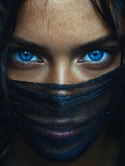 Naklejka premium Intense blue-eyed woman with black face covering 