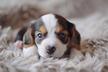 a purebred beagle puppy lies on a blanket