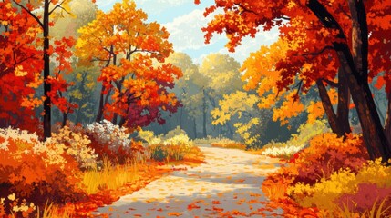 A painting of a path through the woods with trees and leaves, AI