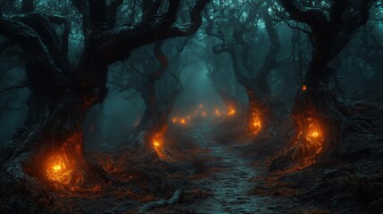 Enchanting and Mysterious Forest Path Illuminated by Glowing Tree Lanterns