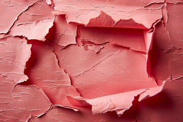 Naklejka premium Torn pink paper with jagged edges, revealing a clean, empty space in the center. The bright pink hue contrasts sharply with the exposed background, creating a bold and eye-catching effect. The uneven 