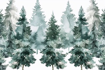 Obraz premium A continuous, hand-painted watercolor pattern featuring pine trees and Christmas trees adorned with snow, capturing the serene beauty of a winter forest. The design evokes a cozy, festive atmosphere, 