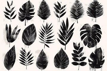 Fototapeta premium Set of texture black leaves. Vector grunge modern textured brush stroke, scribble. Abstract plant print. hand drawn natural elements for backgrounds, templates, wallpaper, card