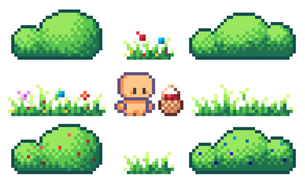 Set of pixel art bushes, grass and character for game assets. Props and sprites of natural environment with flowers and bushes for filling 2d 8bit locations