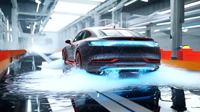 A digital twin simulation of an EV undergoing stress testing in various weather conditions, showcasing its adaptive stability control systems
