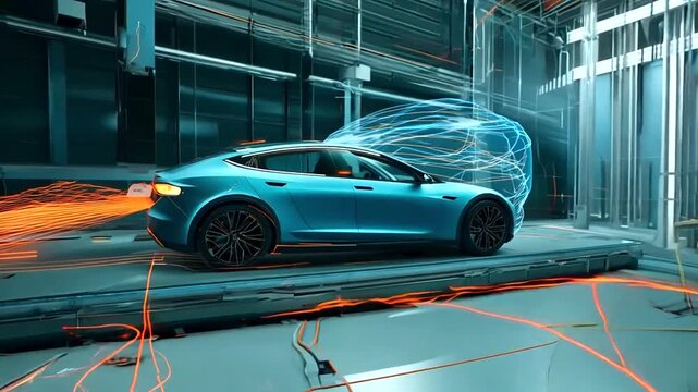 A holographic wind tunnel simulation testing the aerodynamic efficiency of an EV prototype