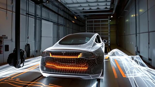 A holographic wind tunnel simulation testing the aerodynamic efficiency of an EV prototype, with airflow visualizations and drag coefficient calculations