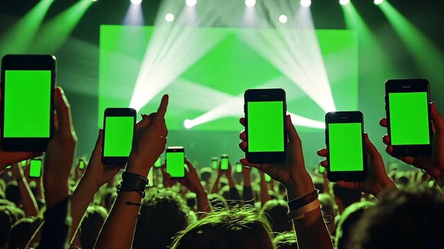 Concert event where everyone is holding up smartphones to record the show as lights dance around the venue. Every smartphone screen is a chroma key green screen.