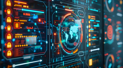 Futuristic Digital Interface with World Map and Data Visualization 3D Illustration