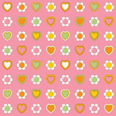 Seamless pattern groovy, hippie, kawaii. Pink pastel colors. Kid cute design. 