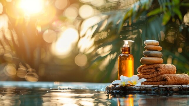 Spa essentials including amber bottle with pump, stones, towels and plumeria flowers, reflecting relaxation and serenity by water