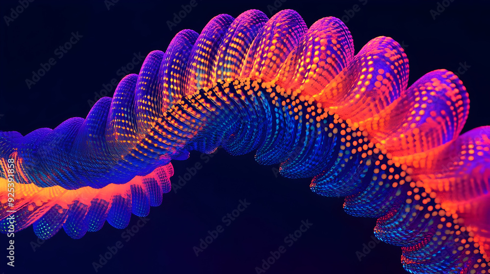 Poster a vibrant, abstract wave-like structure with colorful patterns and a futuristic design.