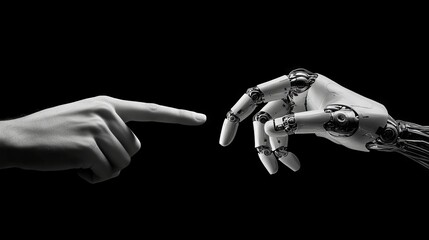Naklejka premium Human hand pointing at robotic hand representing artificial intelligence and the concept of human-machine connection and future technology