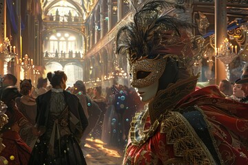 Elegant Masquerade Ball Scene, Masked Thief Blending In Amidst Opulent Costumes and Decor