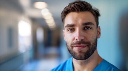 Obraz premium A confident male nurse wearing blue scrubs stands in a hospital corridor, ready to assist patients, depicted with a compassionate smile.