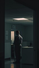Fototapeta premium Solitary Employee in Dim Office Corner Illustrating Workplace Isolation and Pressure for Posters and Articles