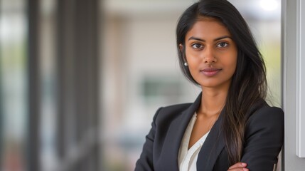 Fototapeta premium A professional woman in a sleek black suit leans against a column with a confident gaze, representing ambition and success within a modern office setting.