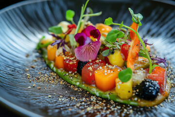 A Vibrant and Colorful Fruit Dish Beautifully Garnished with Edible Flowers for Presentation. assortment of colorful fruits and fresh herbs, ideal for culinary photography. World Vegetarian Day