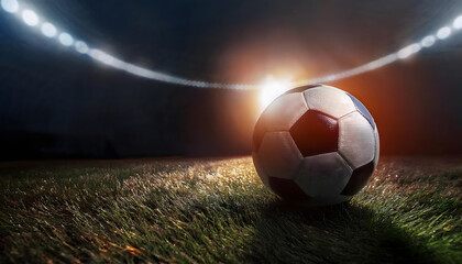 Soccer football, Soccer ball lies on the grass, at the stadium, illuminated by fanlight, sport, sports banner.