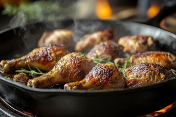 Sizzling Chicken Legs on Cast Iron Pan , ai
