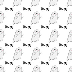 Halloween pattern. Seamless background with kawaii ghosts, Boo inscription. Infinite texture for the Halloween holiday