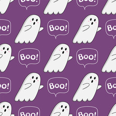Halloween pattern. Seamless background with kawaii ghosts, Boo inscription. Infinite texture for the Halloween holiday