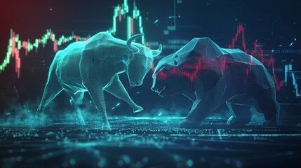 A creative portrayal of a bull and bear in a low polygonal form, entangled in a battle, set against an animated backdrop of stock market charts, representing economic trends,