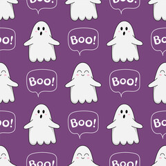 Halloween pattern. Seamless background with kawaii ghosts, Boo inscription. Infinite texture for the Halloween holiday