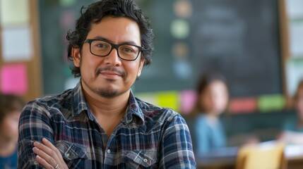 Obraz premium Man wearing glasses and a plaid shirt standing in front of a classroom with students blurred in the background.