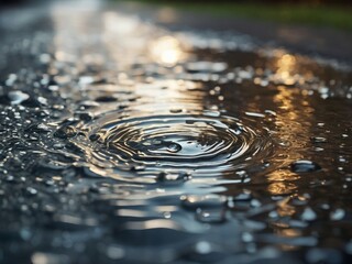 Raindrops creating ripples in a puddle. The close-up shot emphasizes the motion and fluid dynamics of the water, creating a peaceful and visually captivating scene with intricate patterns.