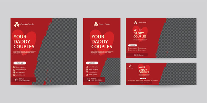 Bundle set of social media template designs with various ratio orientations from portrait to landscape package. Red banner design with scratch paper style and heart shape.