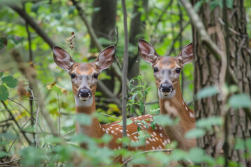Fototapeta premium Two Curious Fawns Hidden in the Woods