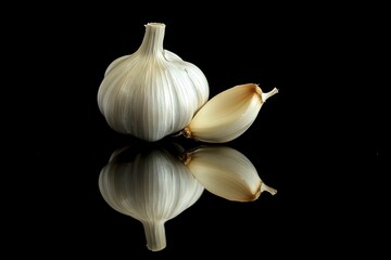 Whole Garlic Bulb and Clove Isolated on a Black Background Reflective Surface , ai