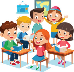 Kids reading, group of friends in a school