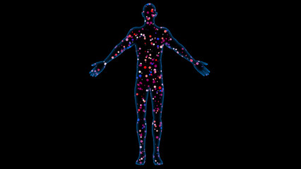 Human body filled with particles. Ultrafine Particles inside human body. Outline of human form with colorful dots inside. 3d illustration render.