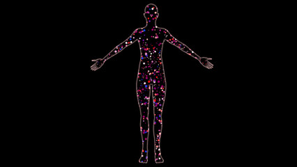 Human body filled with particles. Ultrafine Particles inside human body. Outline of human form with colorful dots inside. 3d illustration render.