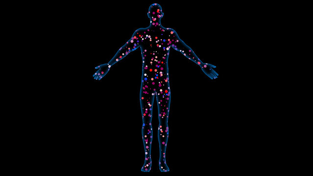 Human body filled with particles. Ultrafine Particles inside human body. Outline of human form with colorful dots inside. 3d illustration render.